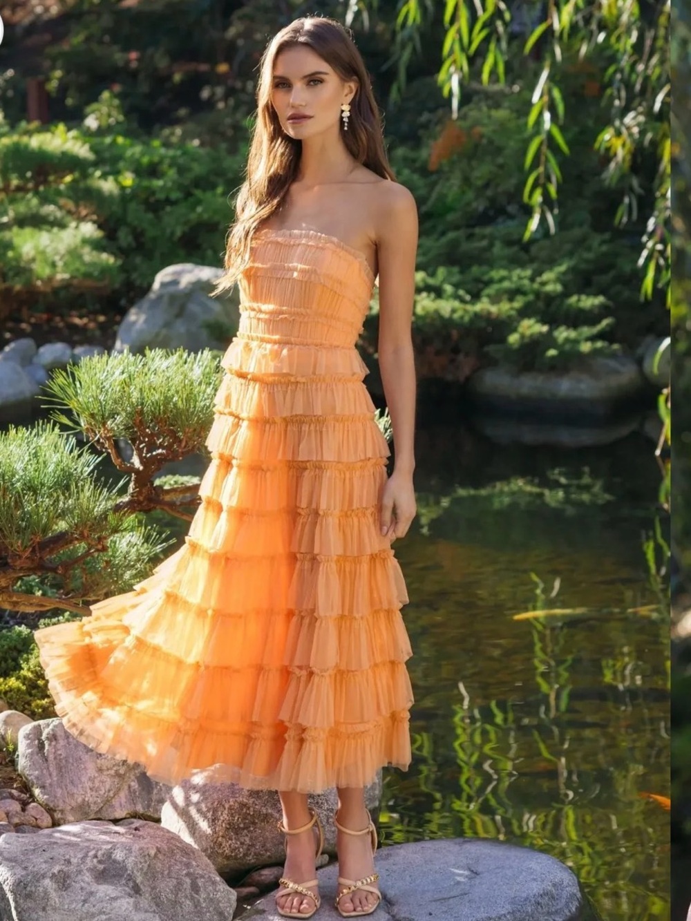 Mac Duggal Strapless Tiered Ruffle Midi Dress in Peach Orange